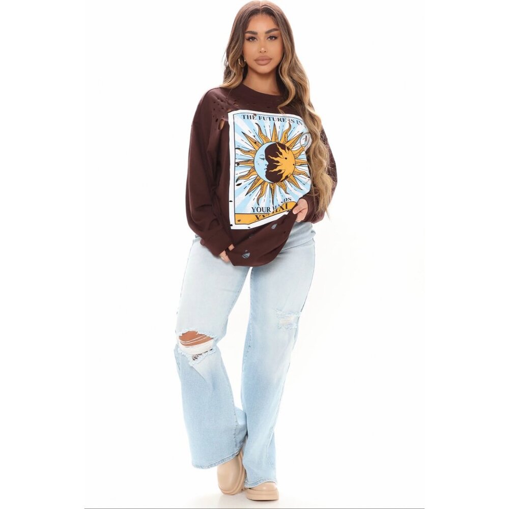 Fashion Nova ✦ Future In Your Hands Tarot Top ✦ Brown Distressed Oversized Tunic - Picture 9 of 10